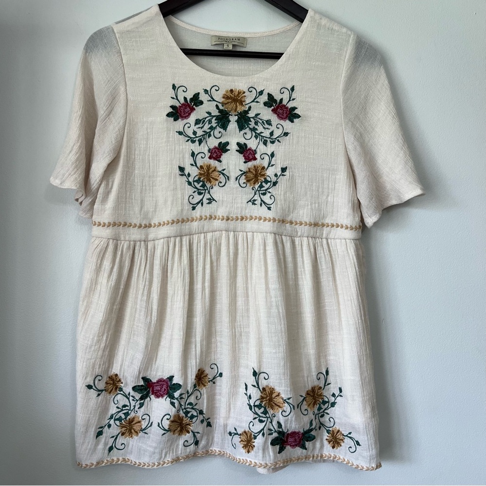 Polagram Ivory Floral Embroidered Blouse Women’s Size Small Shirt Boho Summer